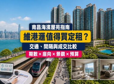 南昌維港滙屋苑指南封面，展示西九龍海濱住宅群、地面步行鐵路接駁、不同戶型及成交比較