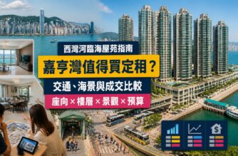 西灣河嘉亨灣屋苑指南封面，展示臨海住宅群、海濱長廊、渡輪碼頭、地面港鐵接駁及成交比較