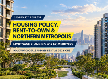 Editorial cover showing a Hong Kong residential neighbourhood and skyline for a guide to the 2026 Policy Address, housing policy, rent-to-own proposals, Northern Metropolis housing and mortgage planning.