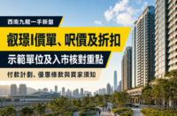 以西南九龍現代住宅及綠化公共空間為背景的叡璟I物業資訊文章封面，展示價單、呎價、折扣及示範單位核對重點。