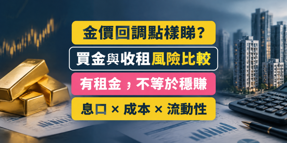 金條、住宅剪影與計算機組成的概念封面,中央文案比較買金與收租的息口、成本及流動性風險。
