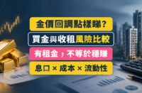 金條、住宅剪影與計算機組成的概念封面，中央文案比較買金與收租的息口、成本及流動性風險。