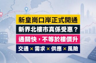 重建後的皇崗口岸旅檢大樓、自助通關通道及跨境巴士，配新界北地圖，分析對元朗、上水、粉嶺樓市影響