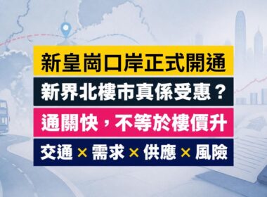重建後的皇崗口岸旅檢大樓、自助通關通道及跨境巴士，配新界北地圖，分析對元朗、上水、粉嶺樓市影響