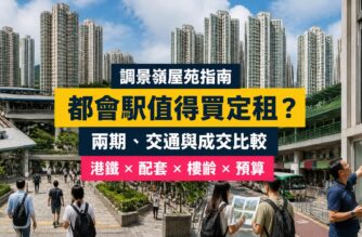 調景嶺都會駅與城中駅屋苑指南封面，展示兩期住宅、港鐵接駁及買家核對成交與樓宇狀況
